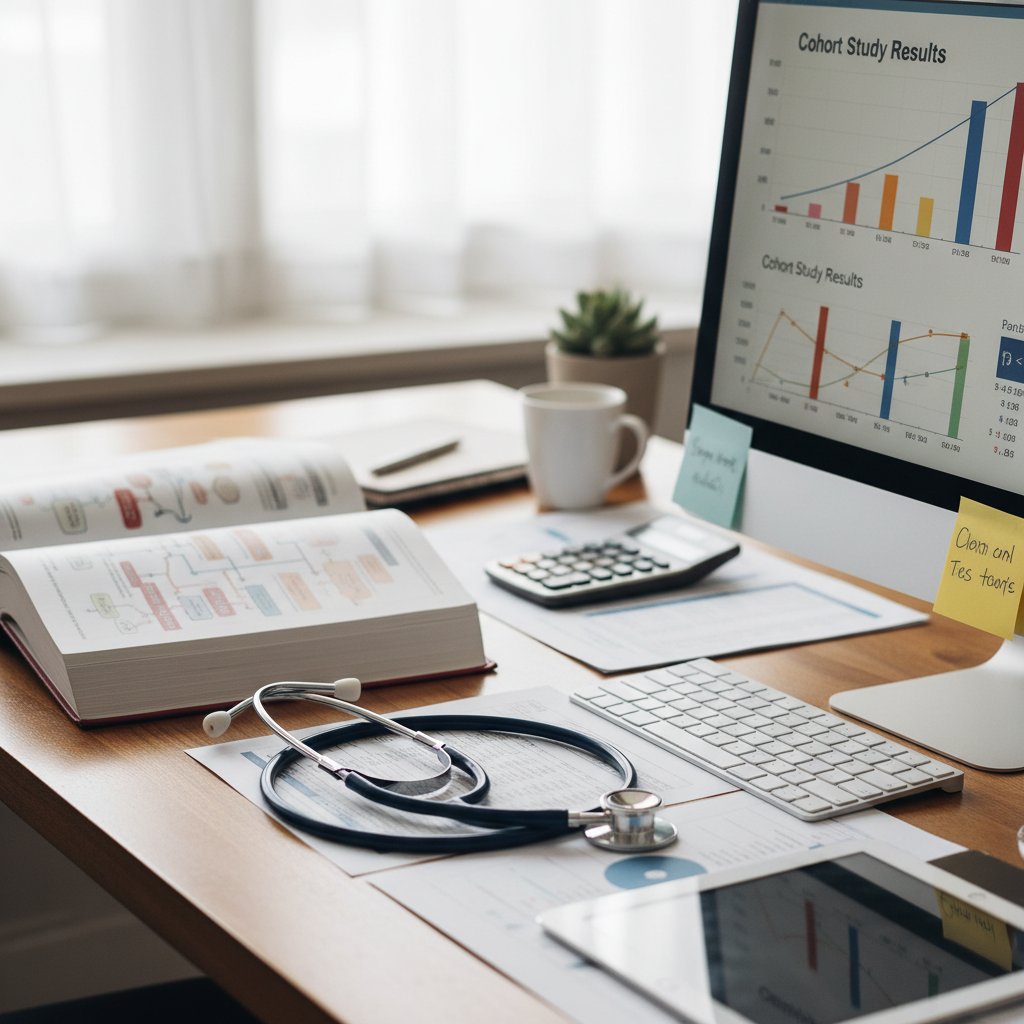 Stetoskop na biurku, obok formularz badań klinicznych, motyw medycyny i statystyki