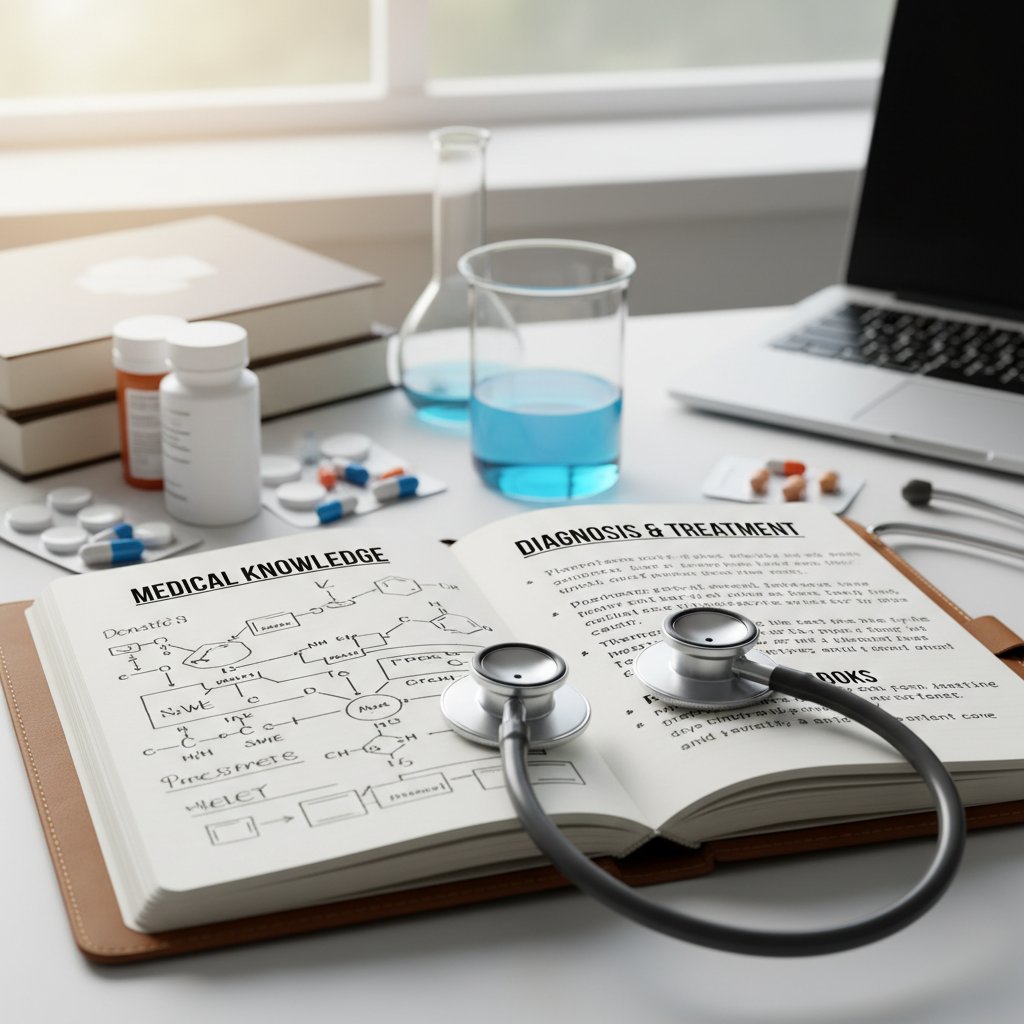 Stetoskop, notatnik i tabletki na biurku – symbol wiedzy technicznej i praktycznej