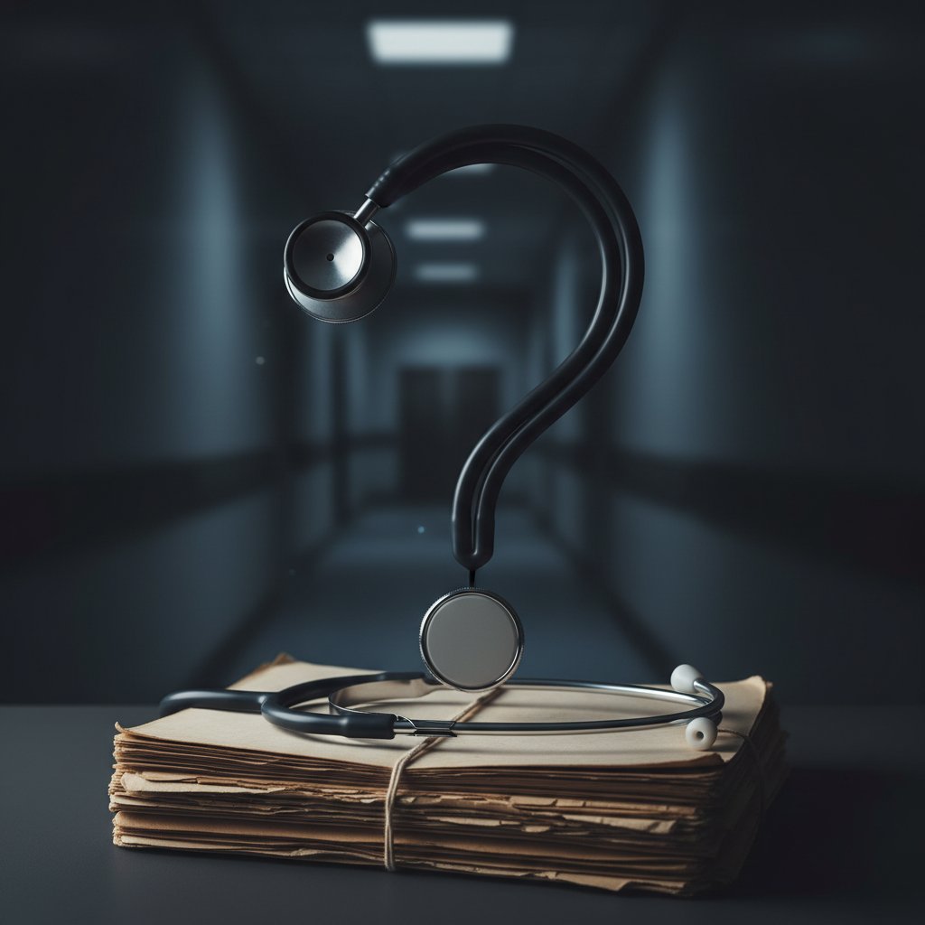 Symboliczny stetoskop w kształcie znaku zapytania na stosie dokumentów medycznych