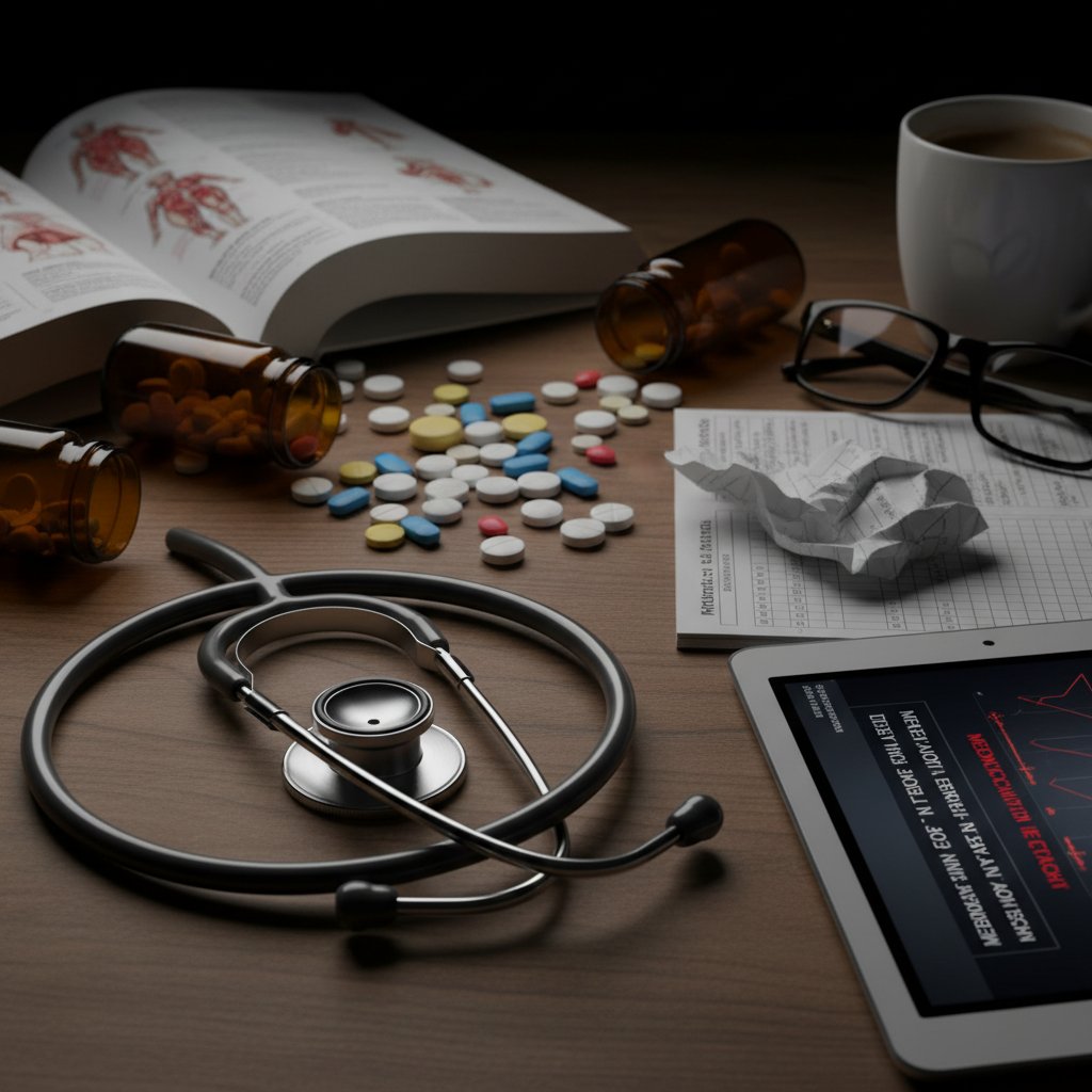 Stetoskop i tabletki rozrzucone na stole, symbolizujące błędy w leczeniu farmakologicznym uchyłków