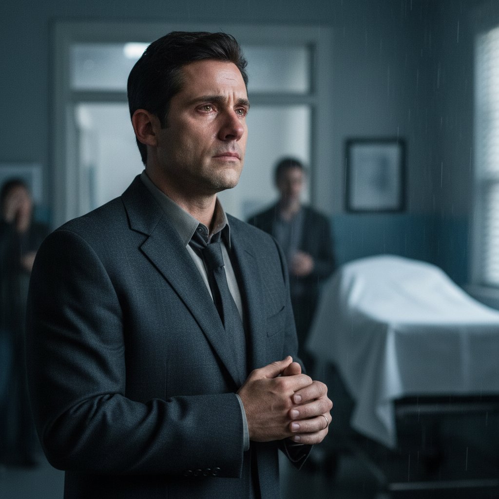 Steve Carell in a serious, emotional scene.