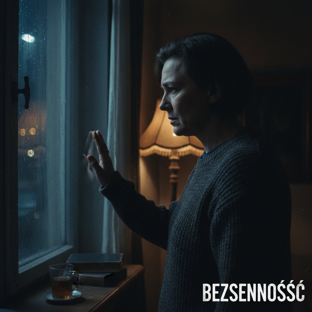 Kadr z polskiego filmu z bohaterem patrzącym przez okno w nocy, zamyślony