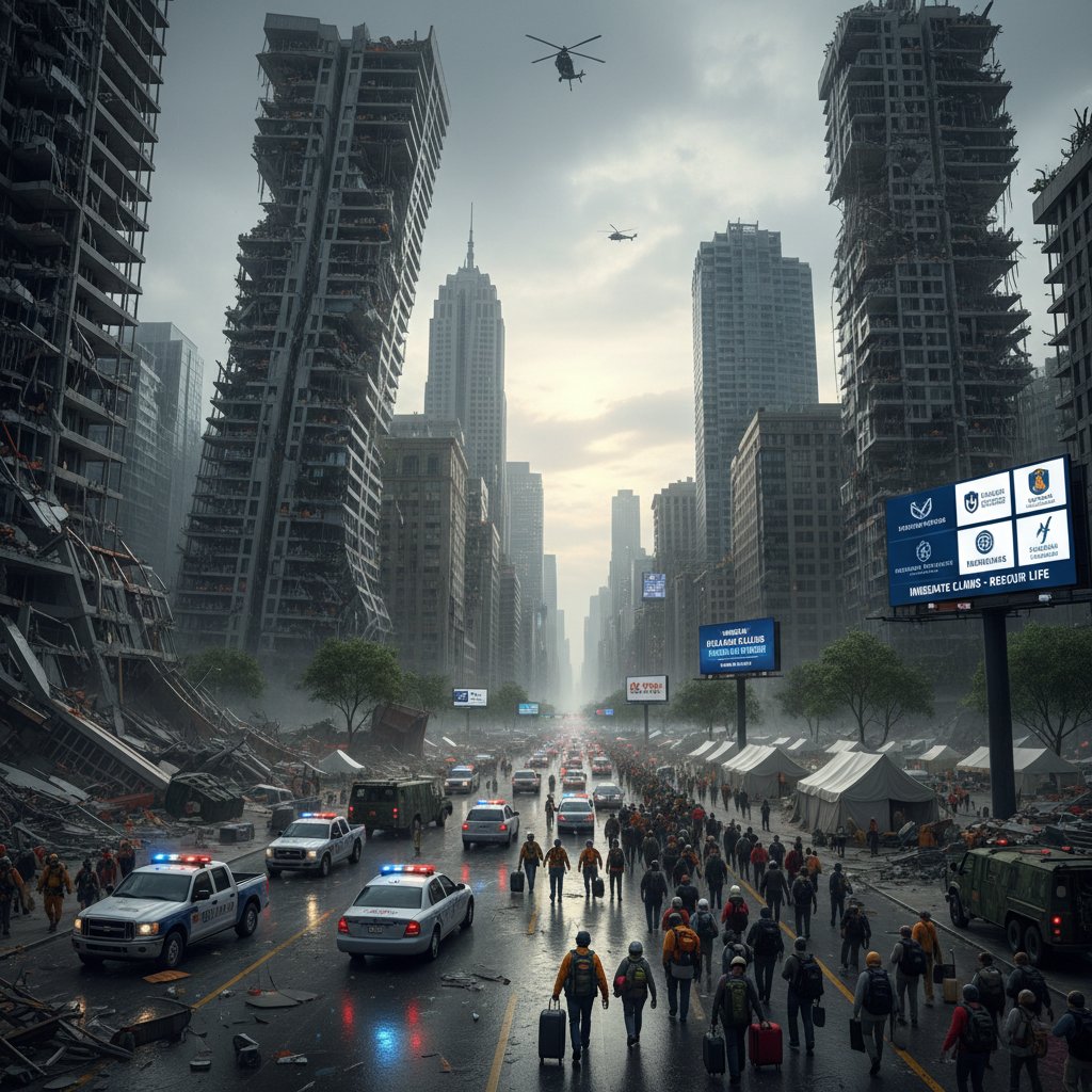 Storm-damaged city with emergency services in action, evacuation insurance in disaster