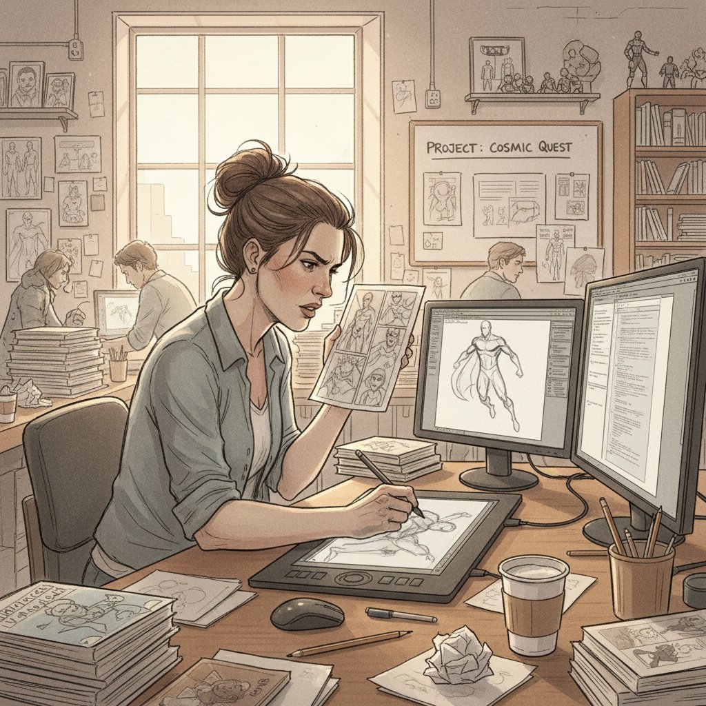 Storyboard artist sketching, translating comic to script in a focused studio environment, artistic mood