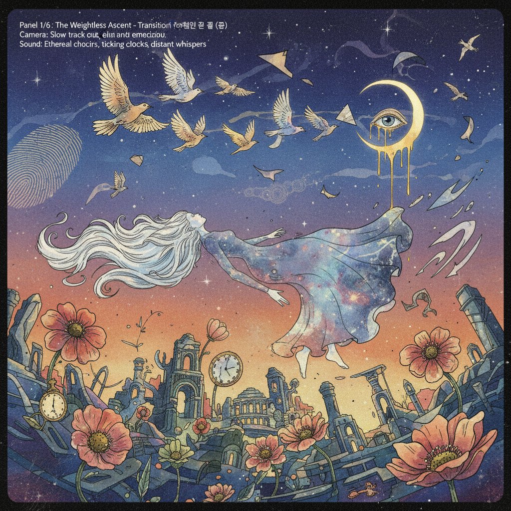 Storyboard collage of a dream sequence, detailed storyboard of surreal movie scene