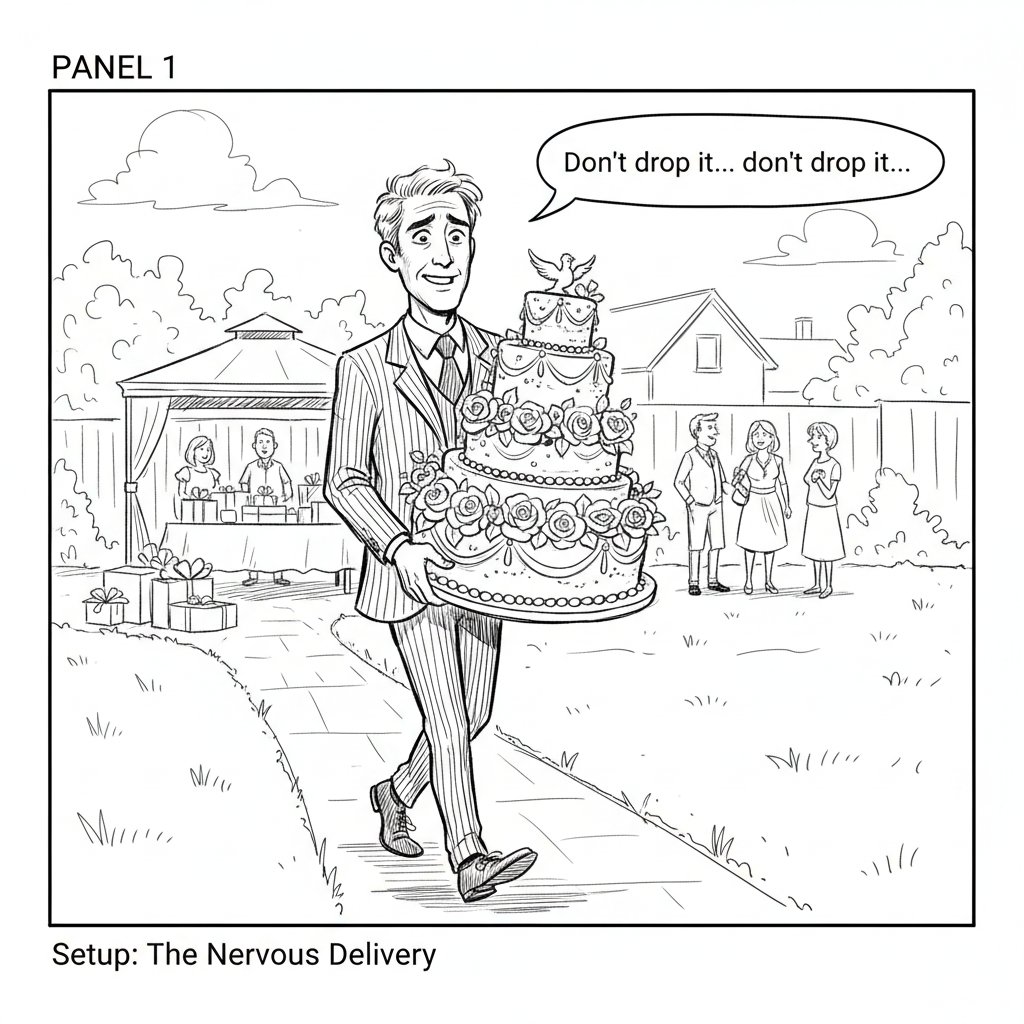 Stylized photo of storyboard panels showing escalating comedic stakes, embodying the chaos of roller coaster comedy