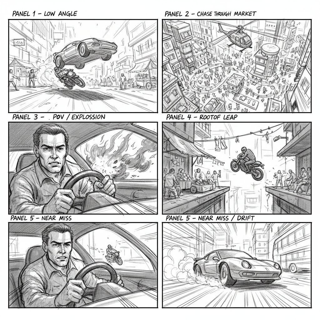 Storyboard sketches of classic spy chase scene, dynamic pencil and ink angles