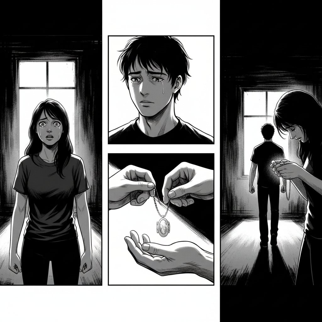 Storyboard sketch, key swap moment, emotional expressions, high contrast, filmic composition