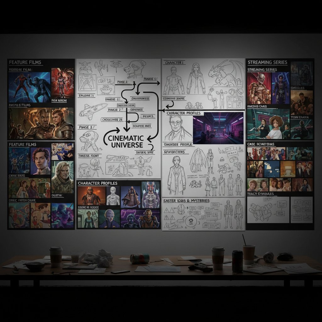 Wall of interconnected storyboards symbolizing cinematic universe planning and world-building