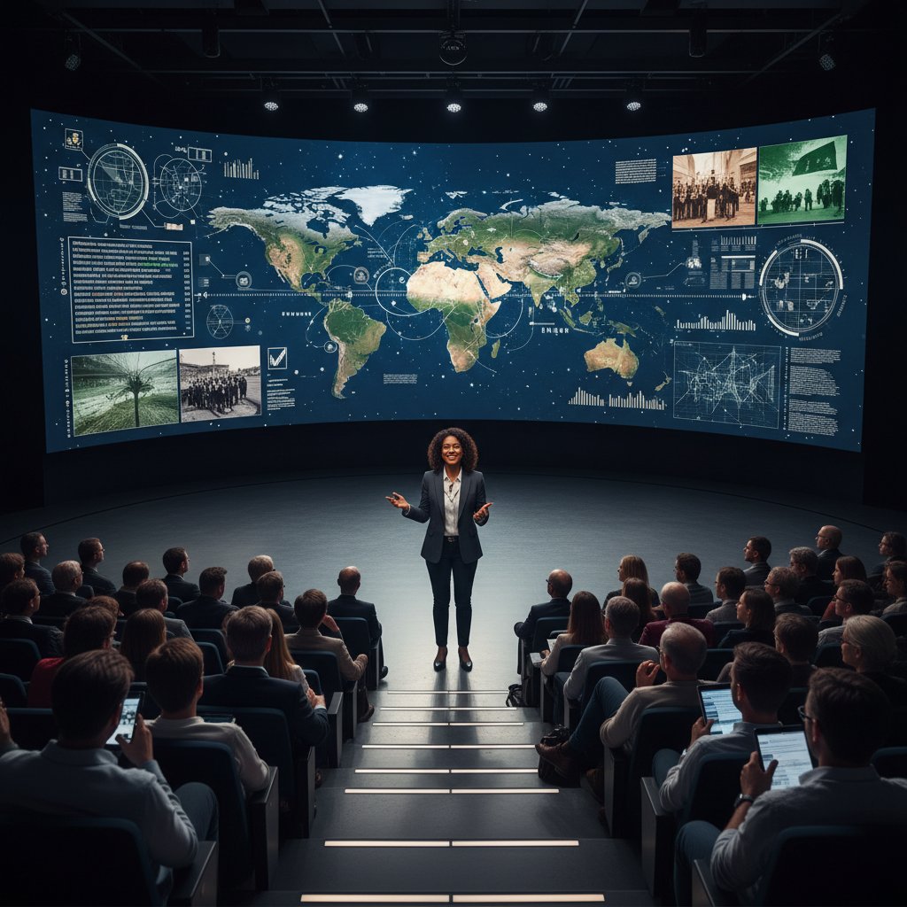 Storyteller uses visual data in presentation, presenter engaging audience, tips for interpreting complex data