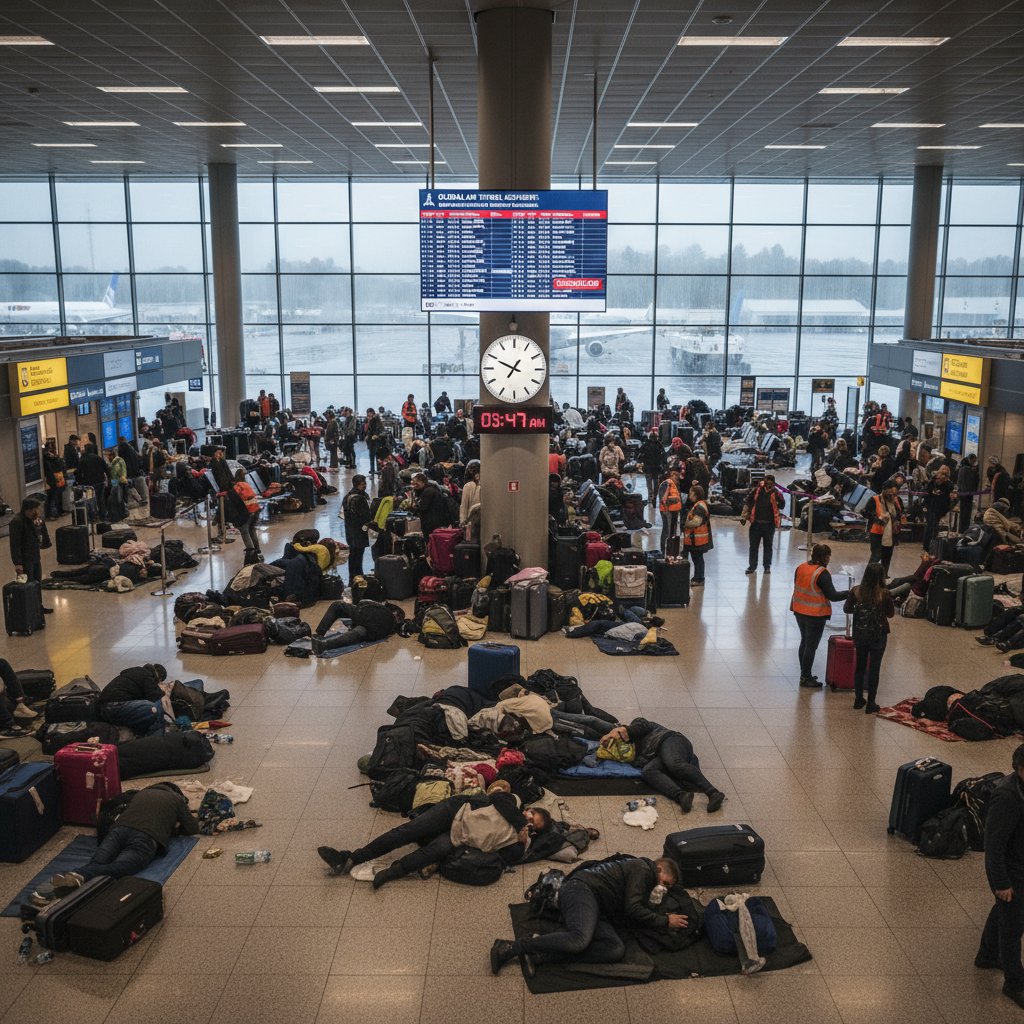 Podróżni z bagażami czekający na lotnisku podczas kryzysu, pokazujący nieprzewidywalność lotów międzynarodowych