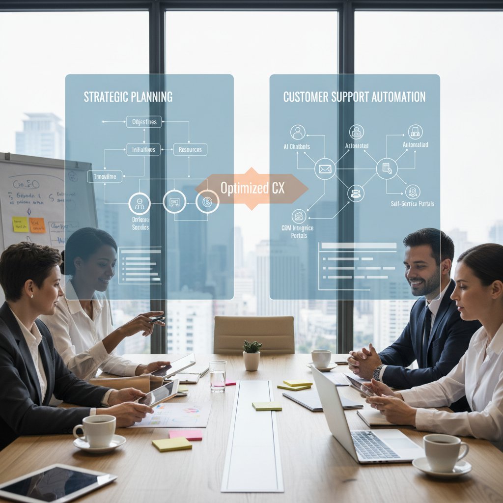 Strategic planning for customer support automation, project manager mapping steps on whiteboard