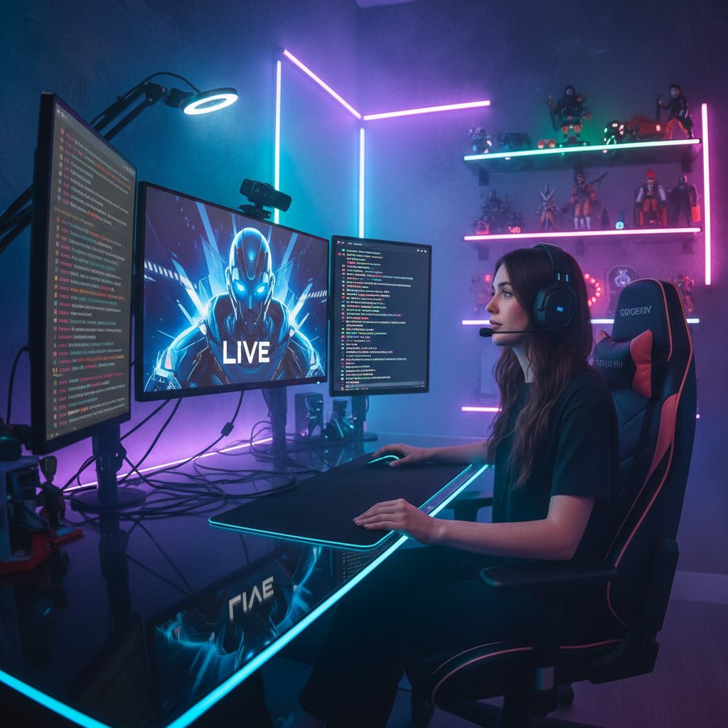 Streamer podczas transmisji na żywo, wyświetlony awatar na ekranie, neonowe lampki, dynamiczna atmosfera