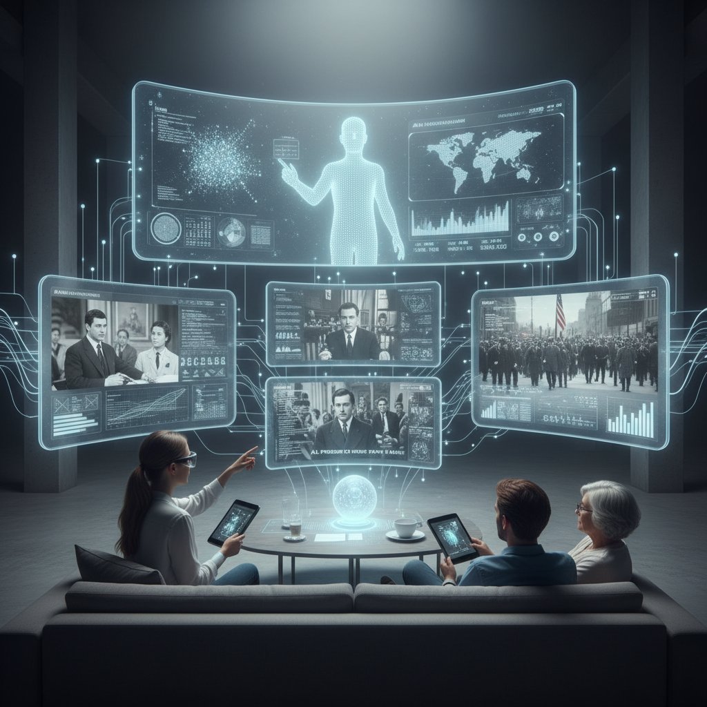 Futuristic neon-lit living room, person watching political film on multiple screens with digital overlays