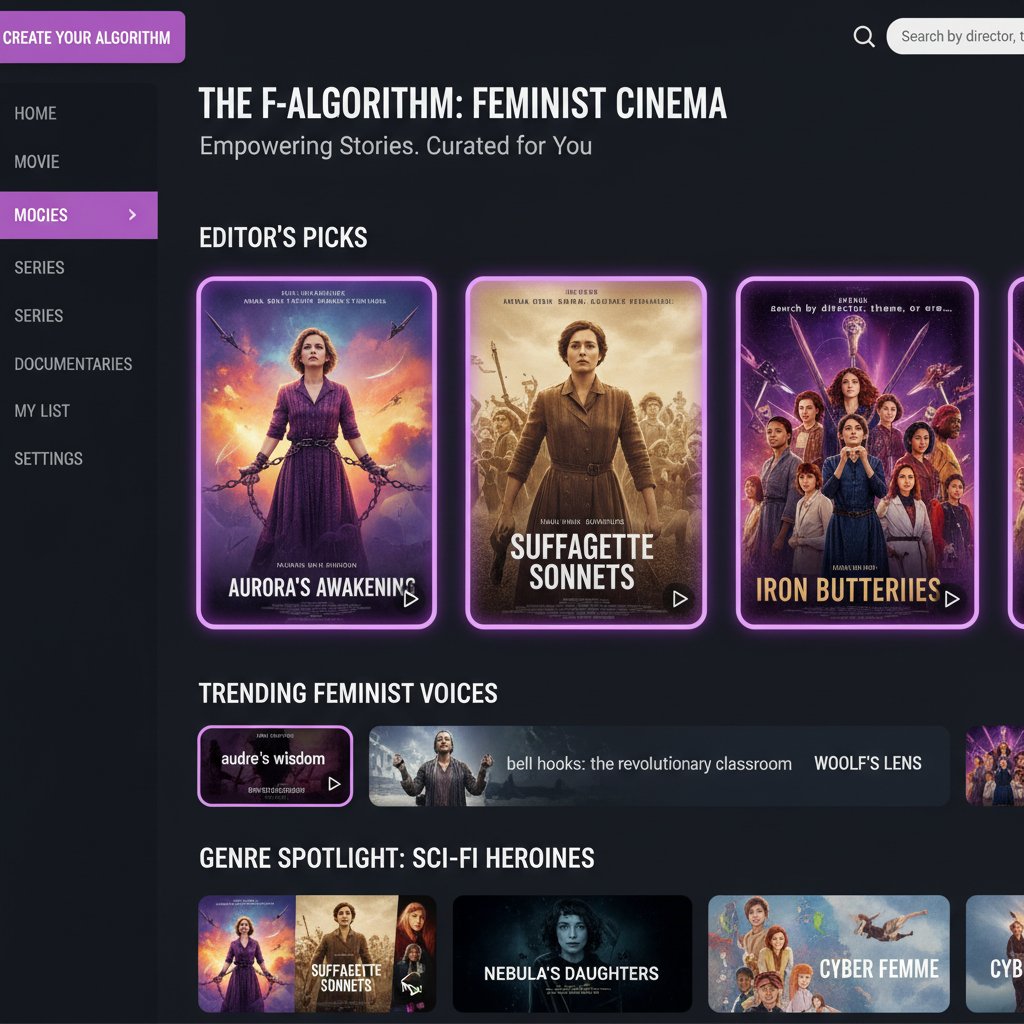 Streaming interface highlighting feminist films, abstract visualization of algorithmic recommendation bias