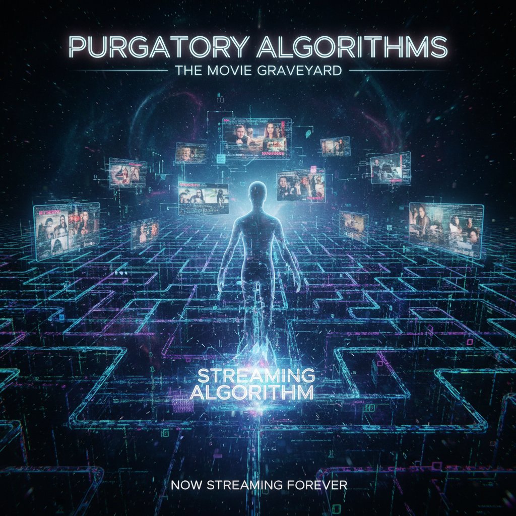 Abstract representation of streaming algorithms turning into a maze, visualizing movie purgatory movies and curation confusion