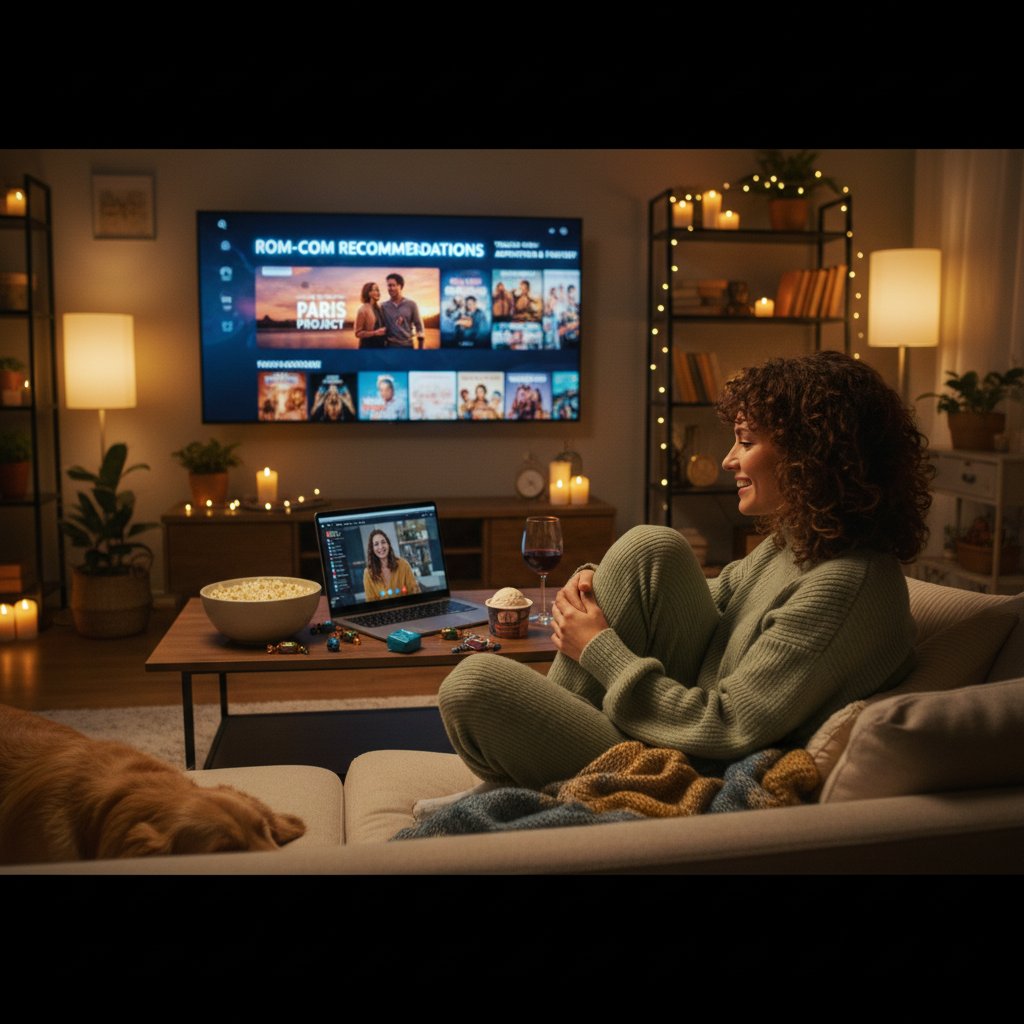 Streaming app interface with trending romantic comedies and personalized picks