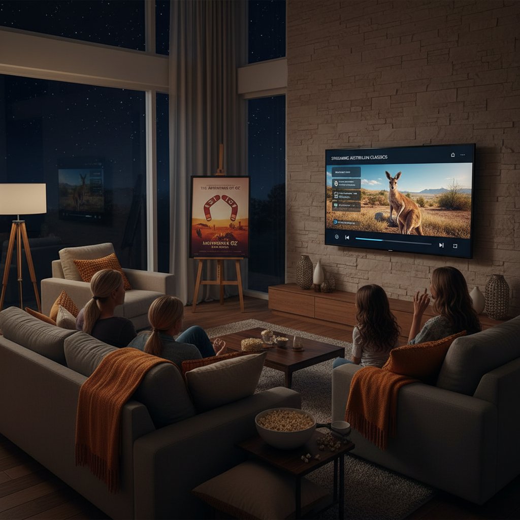 Living room with streaming service on TV, Australian movie poster visible, audience watching