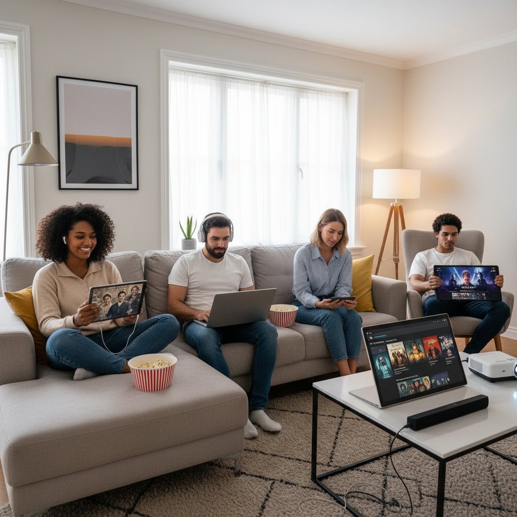 Streaming British films globally: diverse group watching on various devices, vibrant modern scene