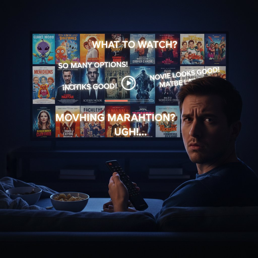 Person paralyzed by too many movie choices on a glowing screen, reflecting streaming fatigue and indecision