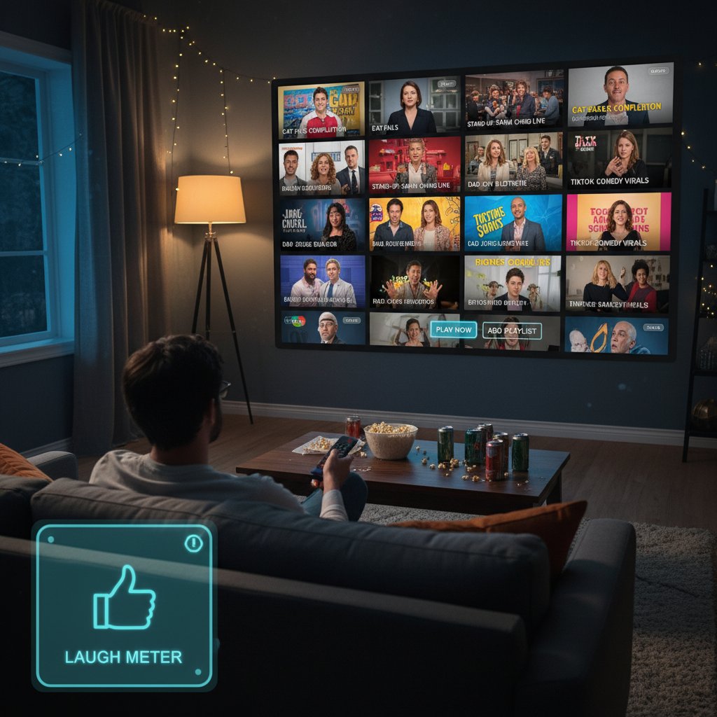 A living room with a smart TV displaying a streaming platform, showing multiple versions of a comedy movie to choose from.