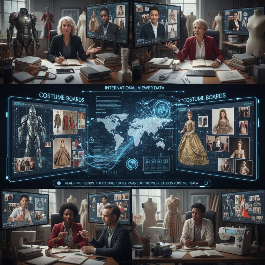 A diverse team of designers in a streaming studio analyzing international viewer data and costume boards