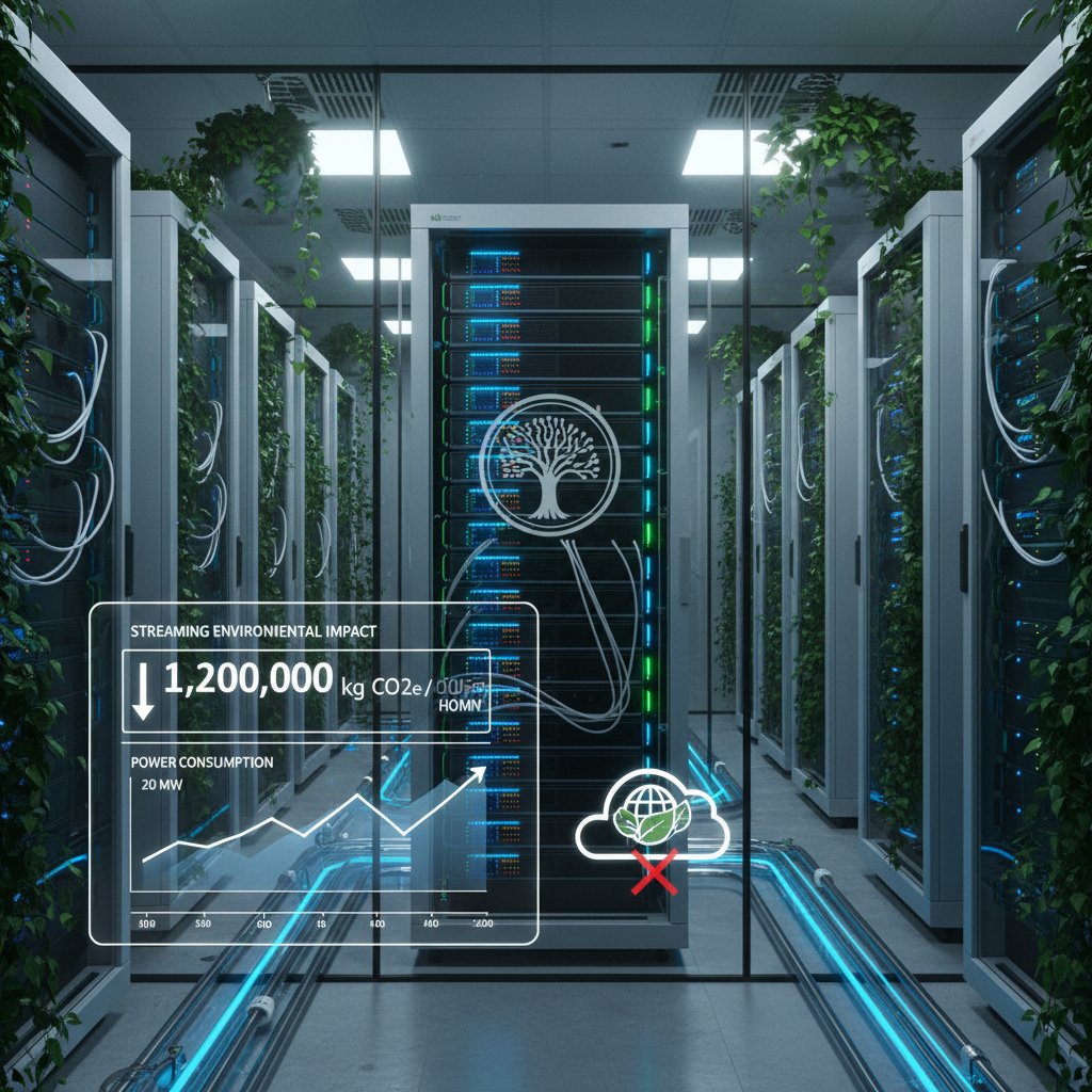 Environmental impact of movie streaming, showing server racks glowing in a dark room with a carbon icon
