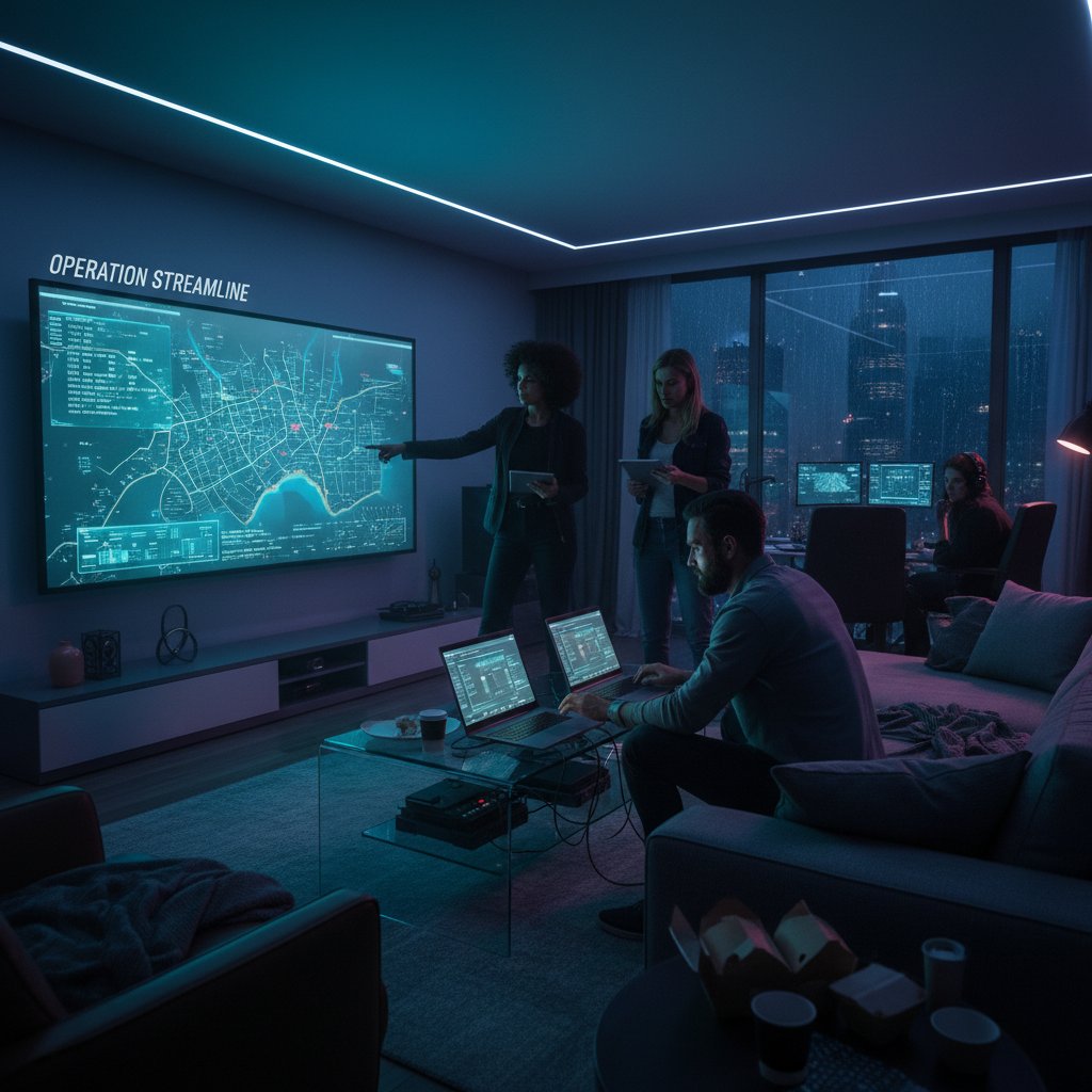 Group watching suspenseful spy movie in modern streaming-era living room