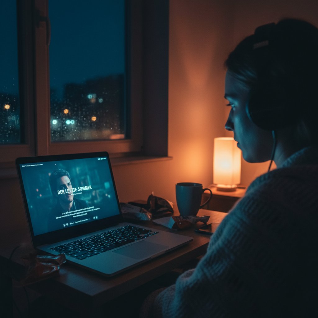 Person browsing German movies on a laptop, streaming apps open, cozy late-night vibe, urban apartment