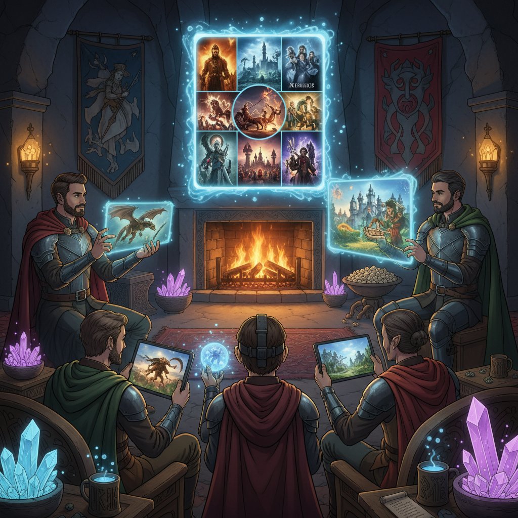 Group streaming fantasy adventure movies on TV, laptop, and phone, multi-device viewing