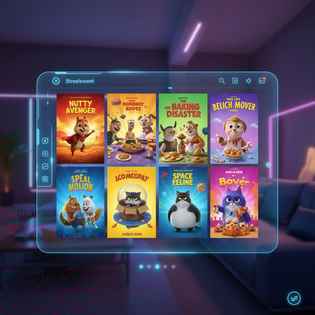 Person using a stylish streaming interface with colorful 2D comedy posters popping up