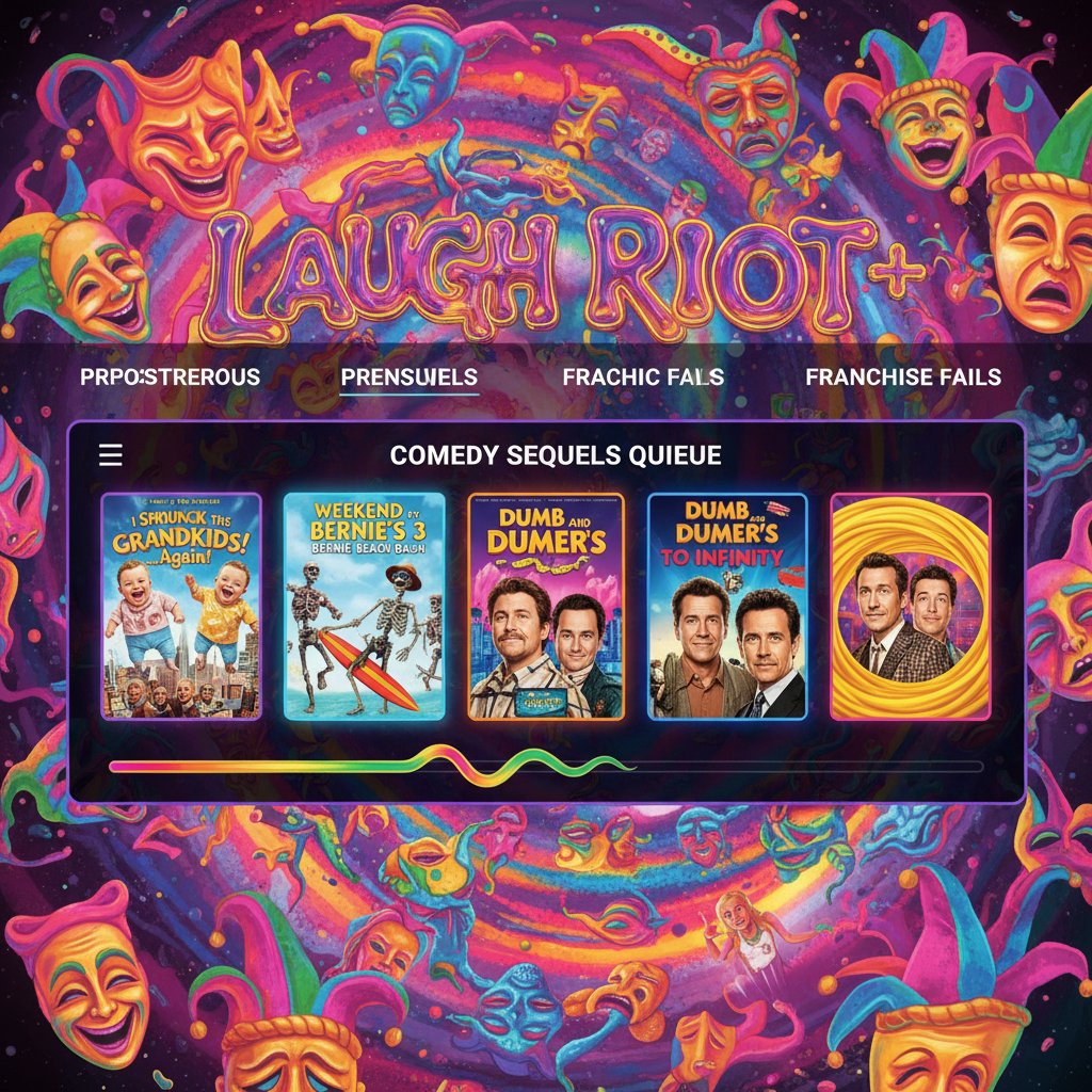 Mock-up of a streaming interface lined with comedy sequels, visually expressing the endless comedy franchise queue