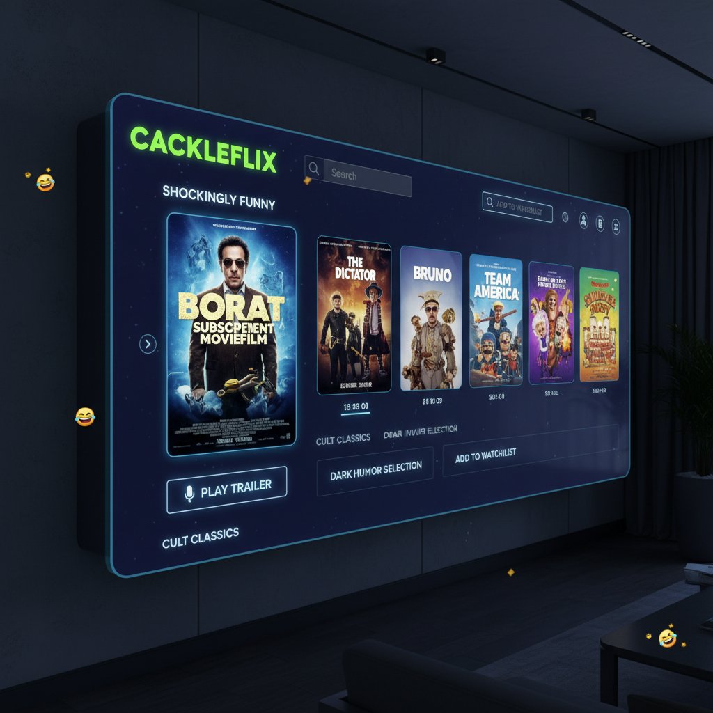 Edgy AI-generated still of a streaming interface showcasing shocking comedy movies recommendations