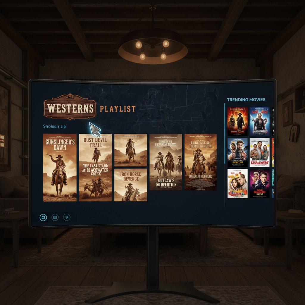 Western movies trending on modern platforms, streaming interface featuring a curated Westerns playlist