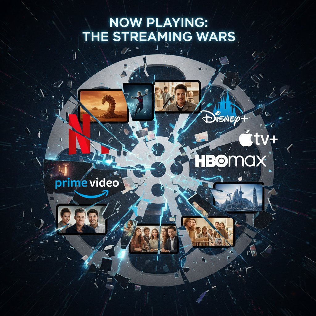 The fragmentation of movie releases across streaming platforms, collage of streaming service logos over fragmented movie reel, now playing movies, streaming wars