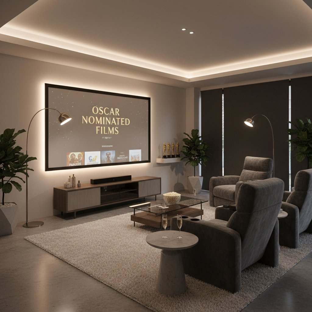 Home streaming setup with Oscar-nominated films on screen, evoking modern movie consumption