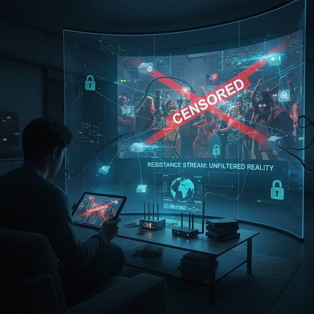 A photo of a person watching an intense protest scene on a laptop, symbolizing streaming and censorship in resistance movies