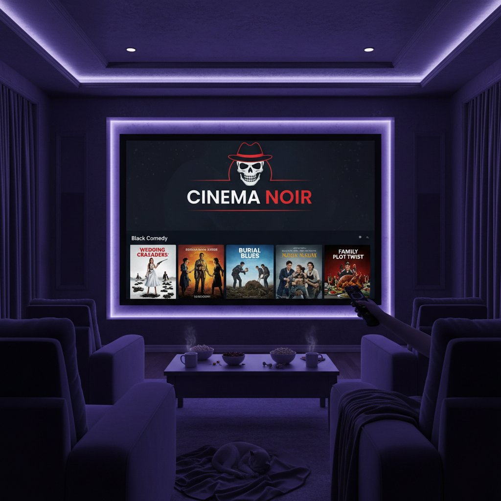 Home theater with streaming platform interface highlighting black comedy movies