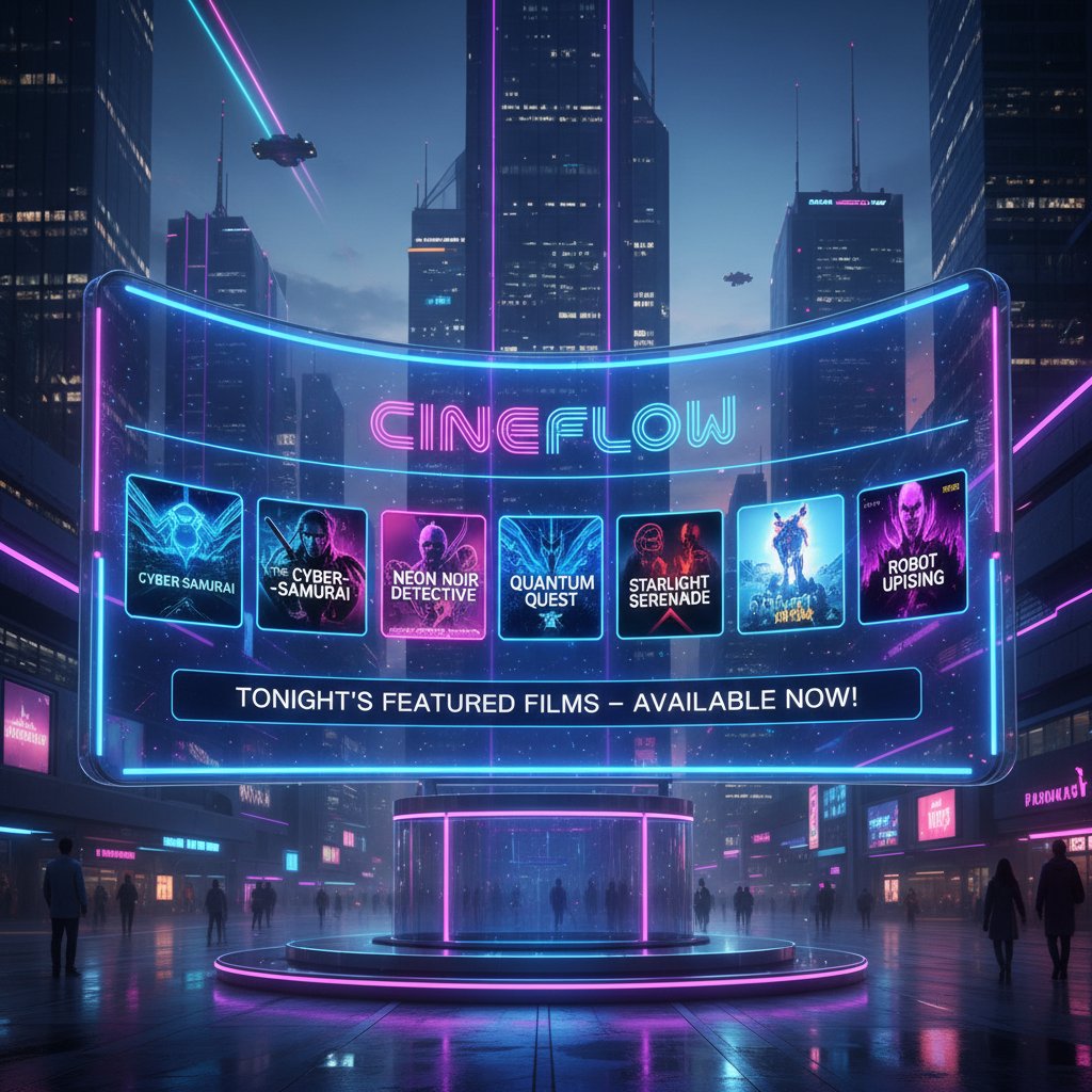 Neon-lit living room with streaming service on screen, public movie list displayed