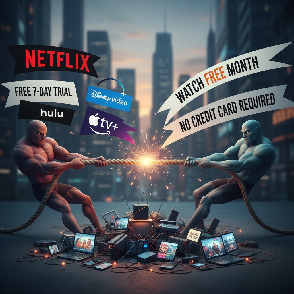 Streaming platforms compete with aggressive free trials, collage of streaming service logos in a tug-of-war