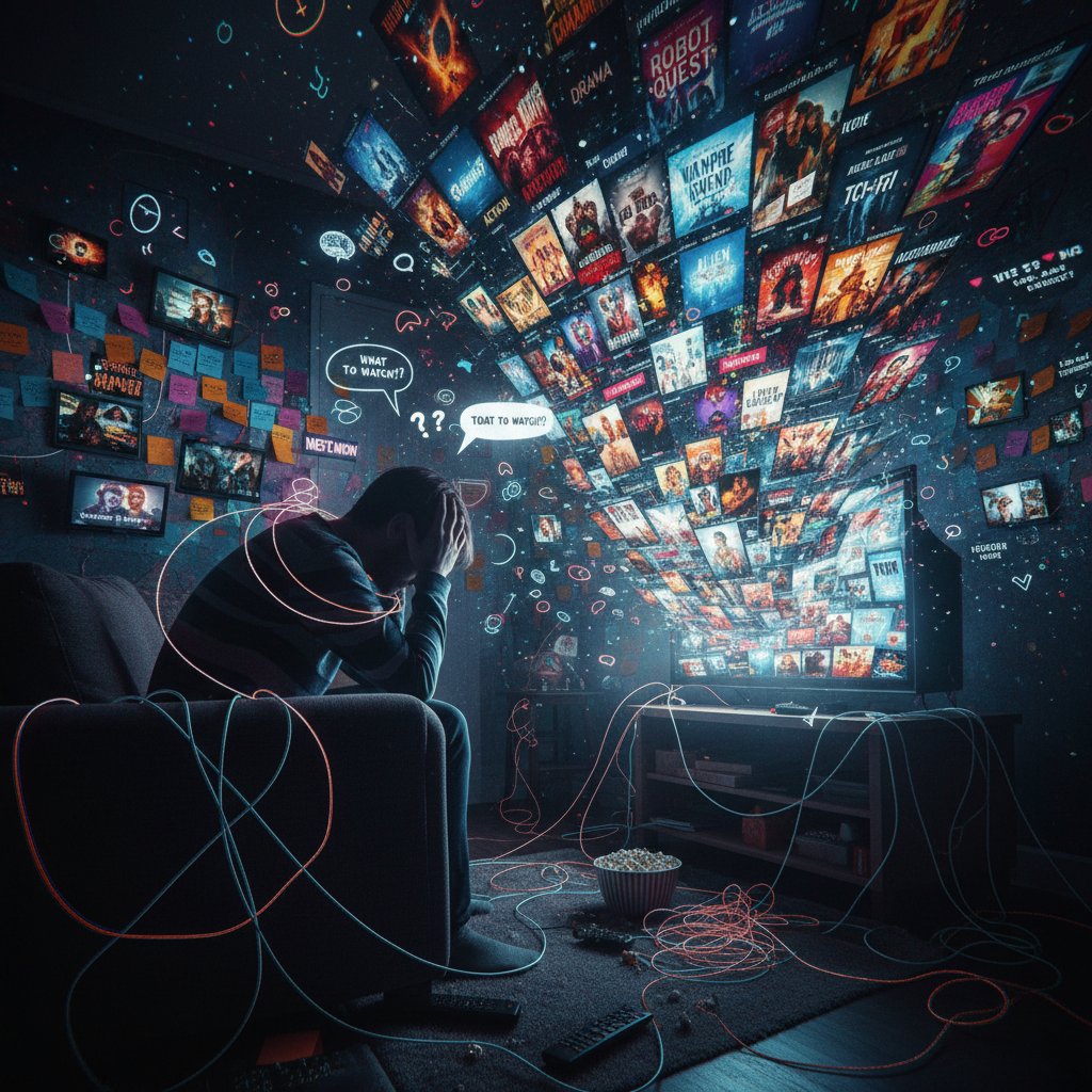 A chaotic collage of streaming platforms illustrating overwhelming movie choice and decision fatigue
