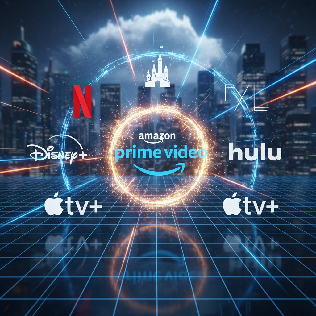 Collage of streaming service logos with Amazon Prime at the forefront, blurred Netflix and Hulu in background, high energy, professional, mobile-friendly