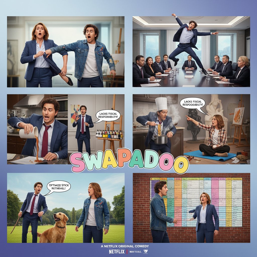 Collage of streaming services showing mind swap movie scenes, app icons overlaid with film stills, vibrant composition