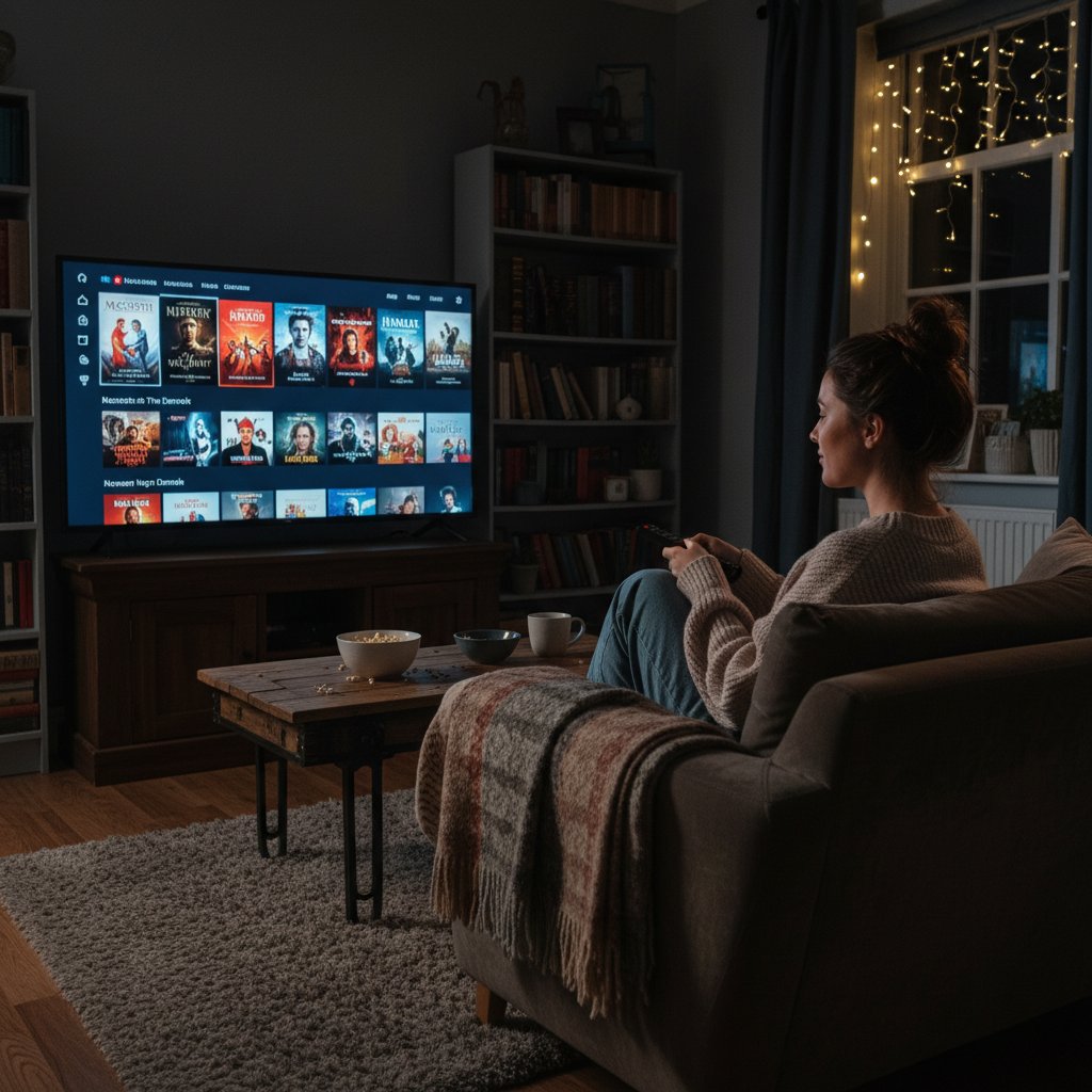 User browsing streaming platforms for Shakespearean movies at home