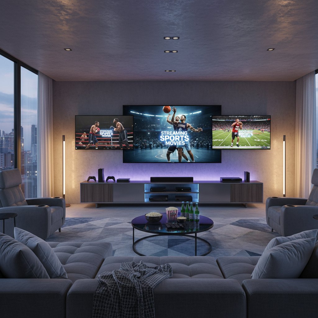 Streaming sports movies at home, showing a modern living room with multiple screens and sports movie scenes
