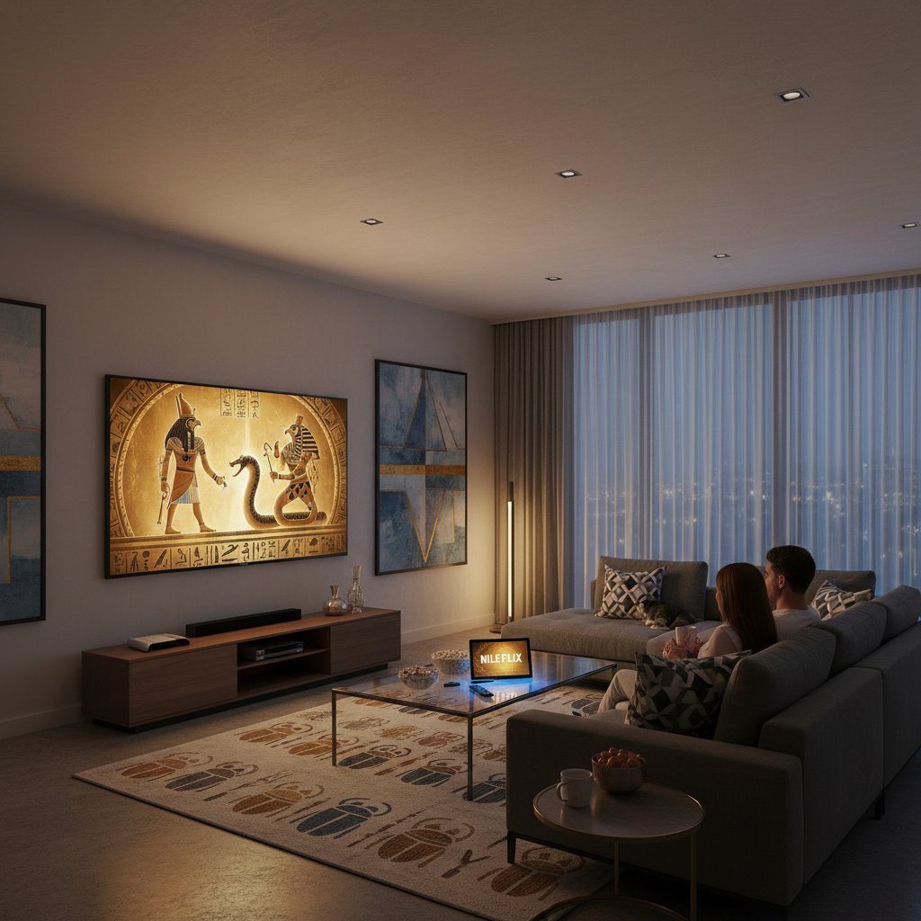 A modern living room with a TV displaying Egyptian mythology movies on a streaming interface