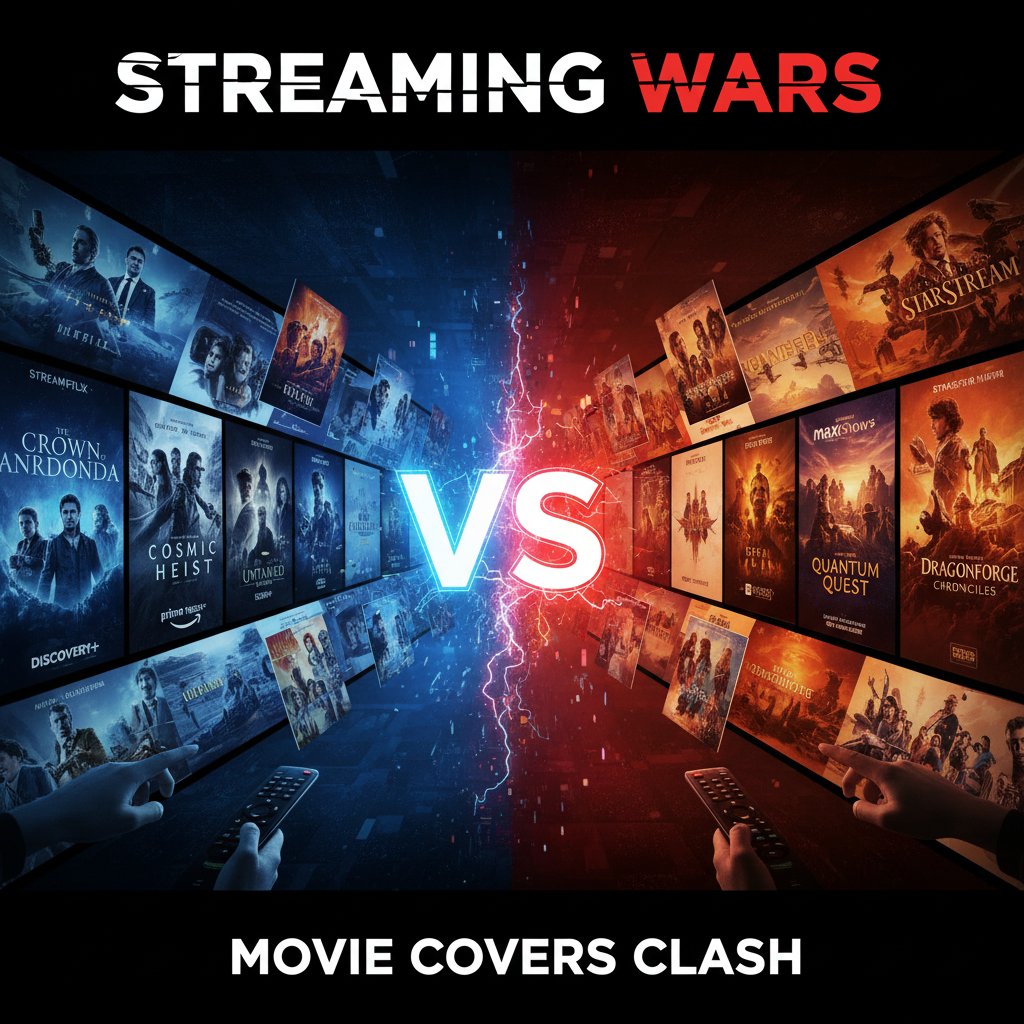Stylized illustration of streaming logos fighting over movie covers, streaming collection fragmentation