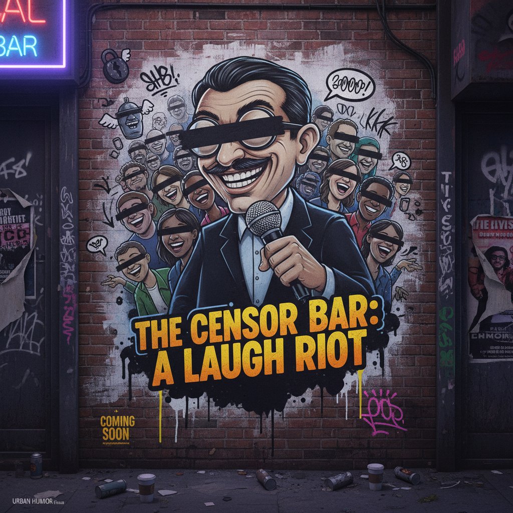 Street art mural featuring classic comedy movie poster with censored bar, urban background