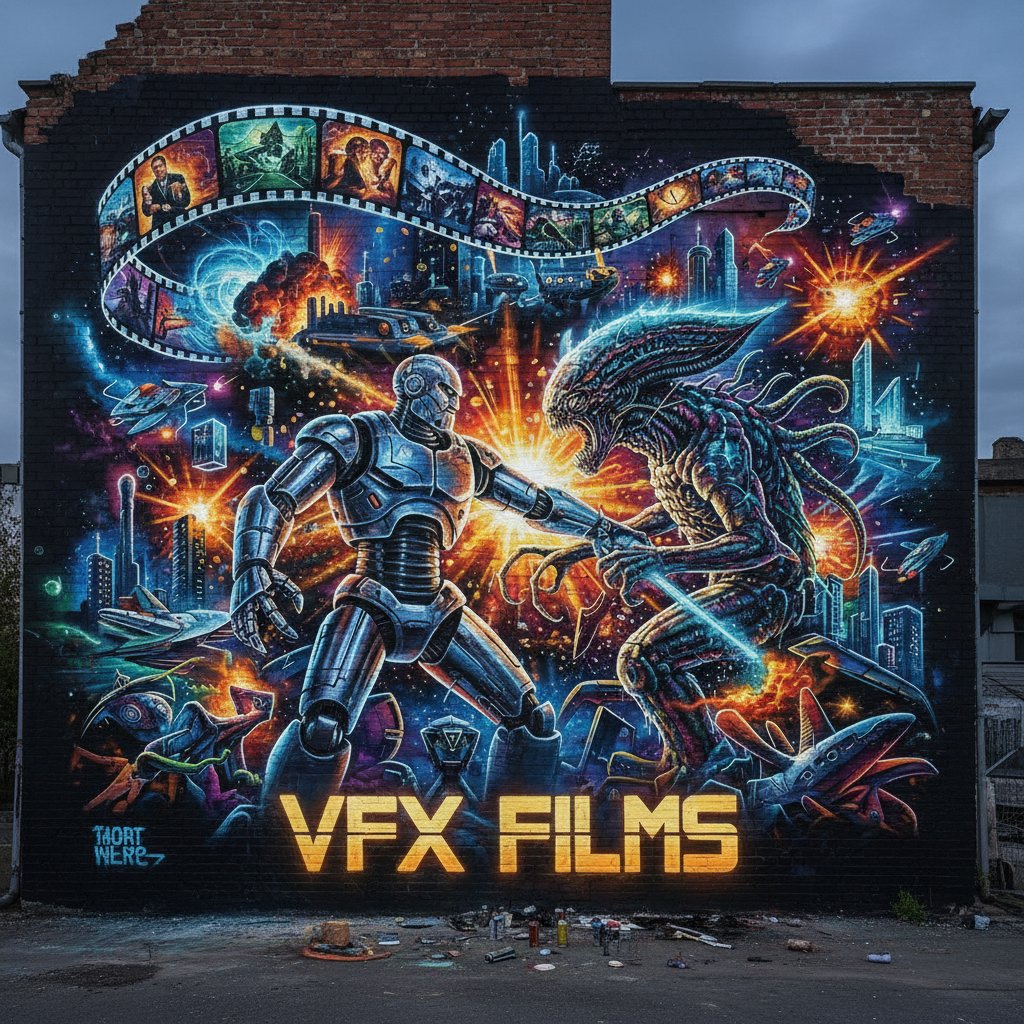 Street art mural inspired by iconic visual effects movies scene: vibrant, surreal, film-inspired