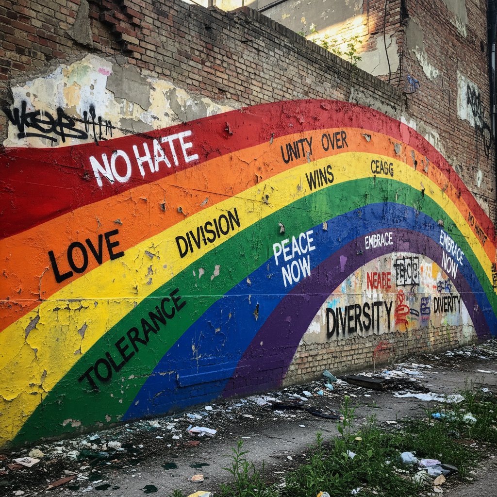 Mural antydyskryminacyjny z hasłami i tęczą, wyrażający opór wobec homofobii w polskich miastach